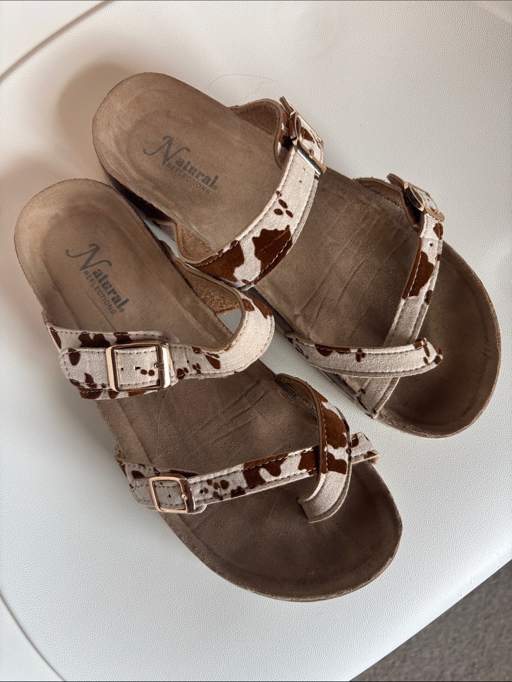 Naturalizer Cow-Print Buckle Slide Sandals - Brown & White